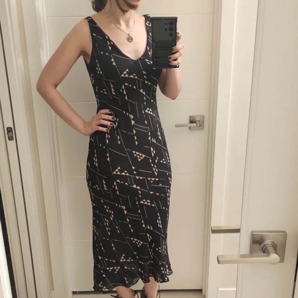 Vintage Ralph Lauren 100% Silk Sleeveless Geometric Print Midi Dress